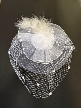 White Mesh Feathers Pearl Net Clip On Fascinator Hat OS